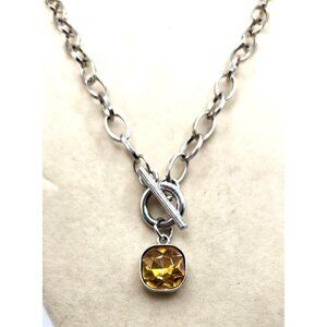Silver Link Toggle Necklace With Yellow Crystal Pendant